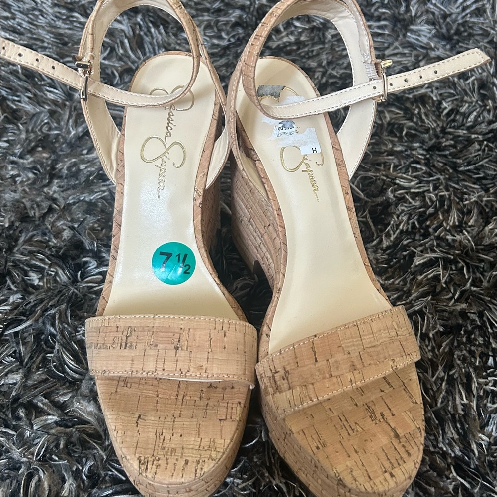 Jessica Simpson Tan Wedge Sandals with Textured Heel - Picture 2 of 4